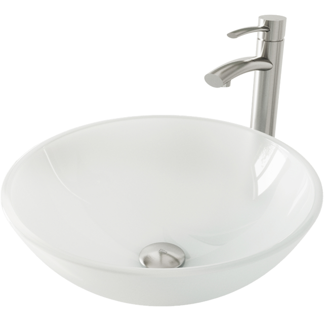 Glass Round Vessel Bathroom Sink in Frosted White with Milo Faucet and Pop-Up Drain - image 1 - other