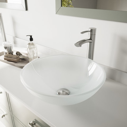 Glass Round Vessel Bathroom Sink in Frosted White with Milo Faucet and Pop-Up Drain - image 3 - other