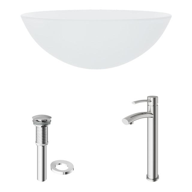 Glass Round Vessel Bathroom Sink in Frosted White with Milo Faucet and Pop-Up Drain - image 4 - other