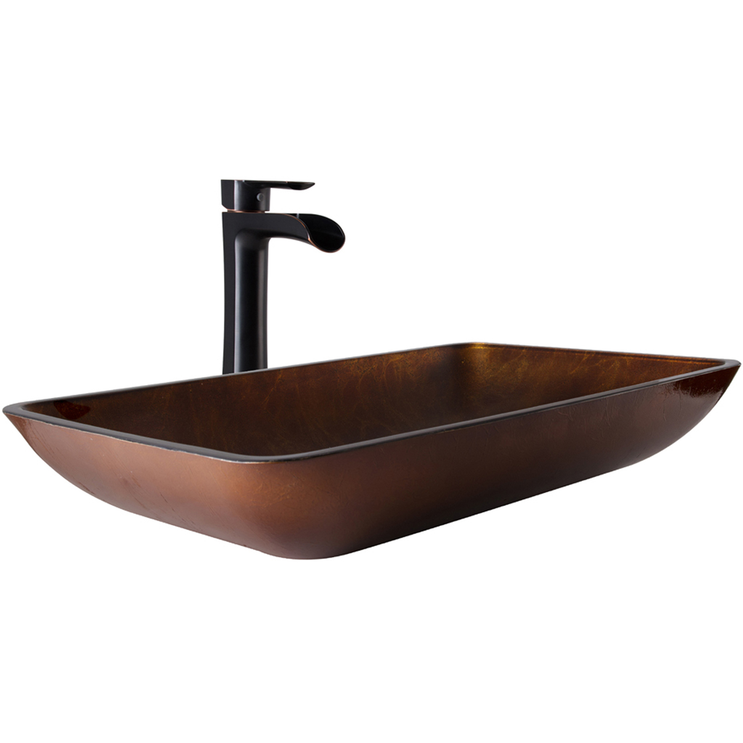 Glass Rectangular Vessel Bathroom Sink in Chocolate Brown with Niko Faucet and Pop-Up Drain