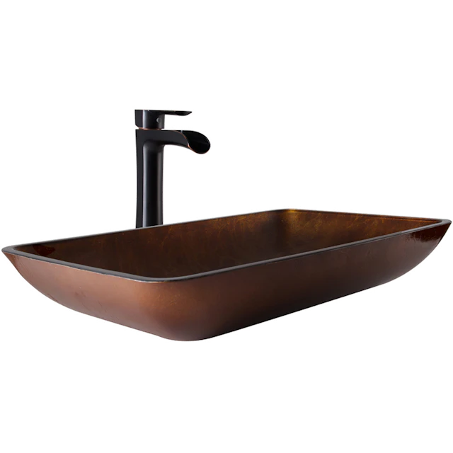 Glass Rectangular Vessel Bathroom Sink in Chocolate Brown with Niko Faucet and Pop-Up Drain - angle 1 - other