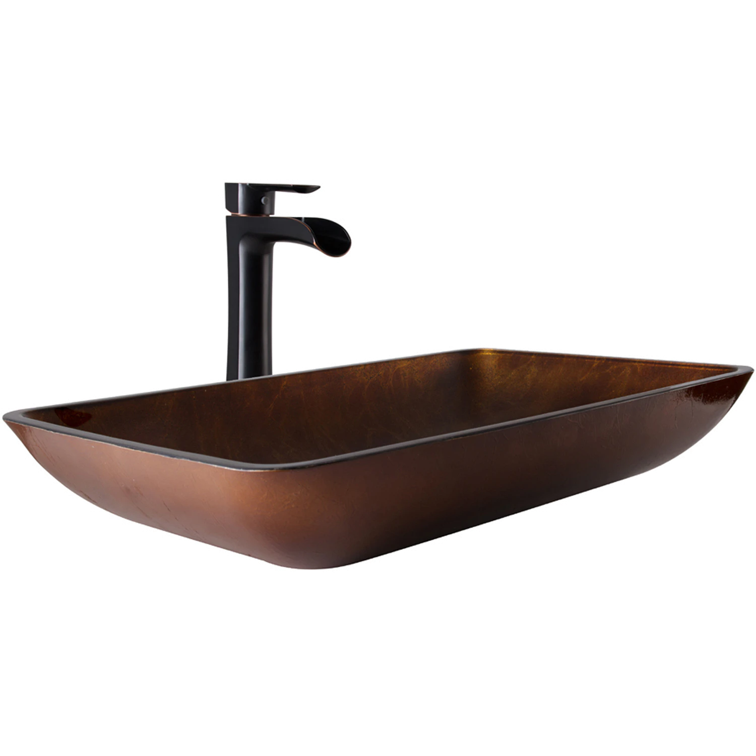 Glass Rectangular Vessel Bathroom Sink in Chocolate Brown with Niko Faucet and Pop-Up Drain