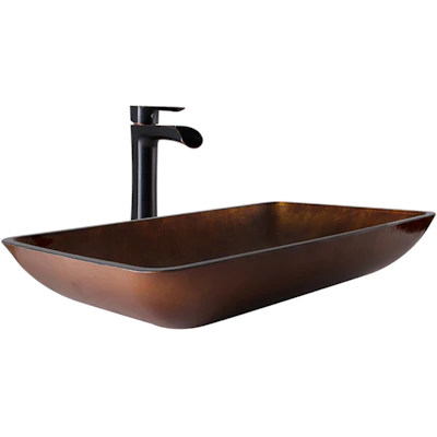 Glass Rectangular Vessel Bathroom Sink in Chocolate Brown with Niko Faucet and Pop-Up Drain