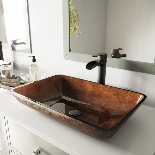 Glass Rectangular Vessel Bathroom Sink in Chocolate Brown with Niko Faucet and Pop-Up Drain - angle 3 - other