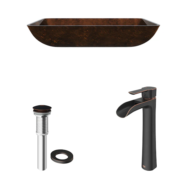 Glass Rectangular Vessel Bathroom Sink in Chocolate Brown with Niko Faucet and Pop-Up Drain - angle 4 - other