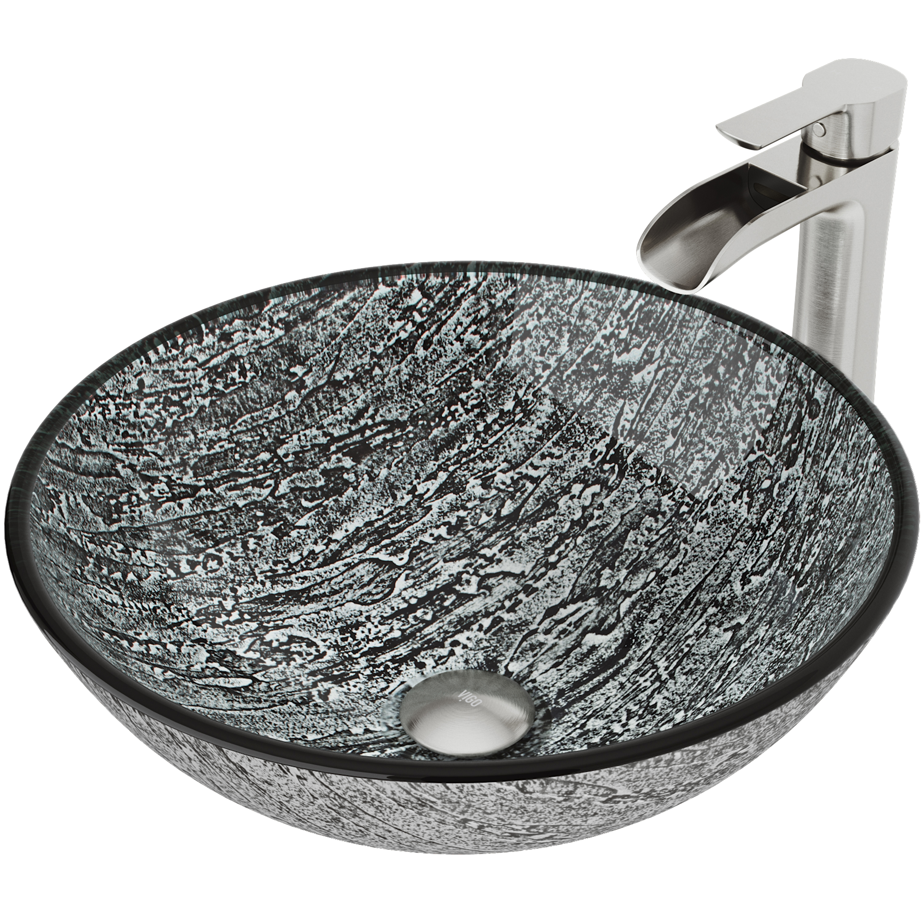 Glass Round Vessel Bathroom Sink in Titanium Gray with Niko Faucet and Pop-Up Drain