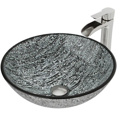 Glass Round Vessel Bathroom Sink in Titanium Gray with Niko Faucet and Pop-Up Drain