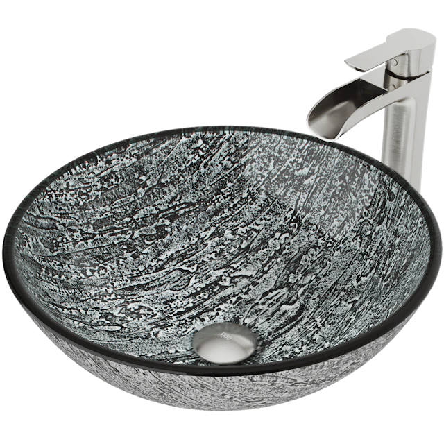 Glass Round Vessel Bathroom Sink in Titanium Gray with Niko Faucet and Pop-Up Drain - angle 1 - other
