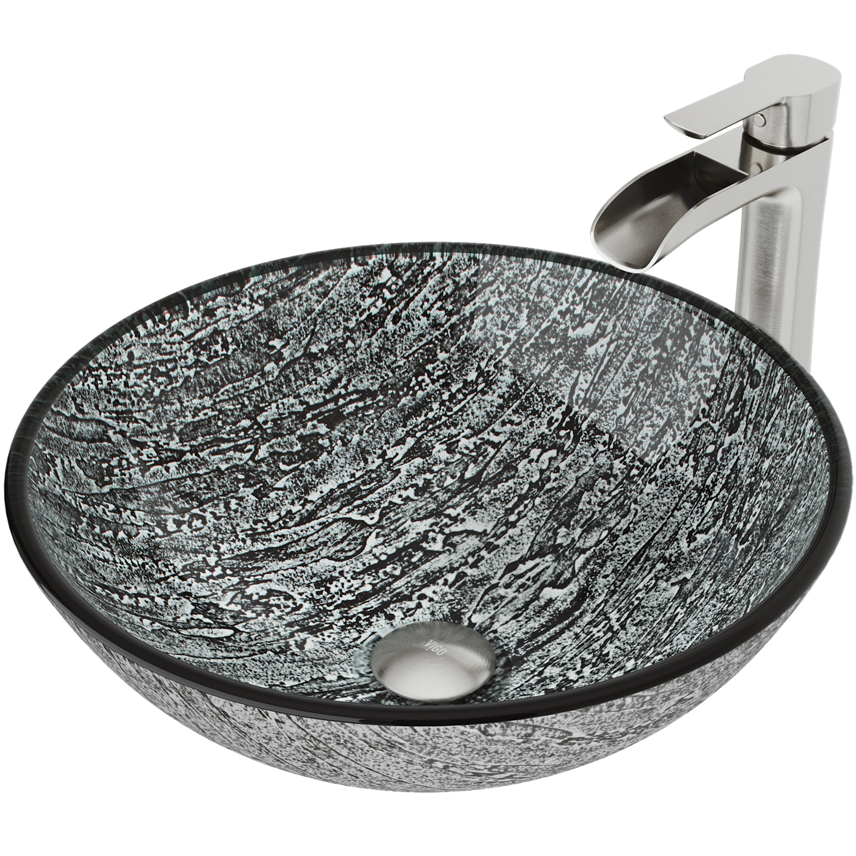 Glass Round Vessel Bathroom Sink in Titanium Gray with Niko Faucet and Pop-Up Drain