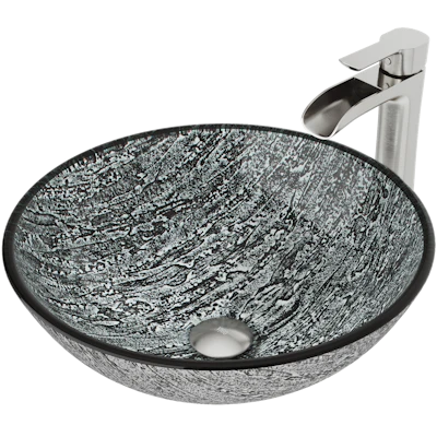 Glass Round Vessel Bathroom Sink in Titanium Gray with Niko Faucet and Pop-Up Drain