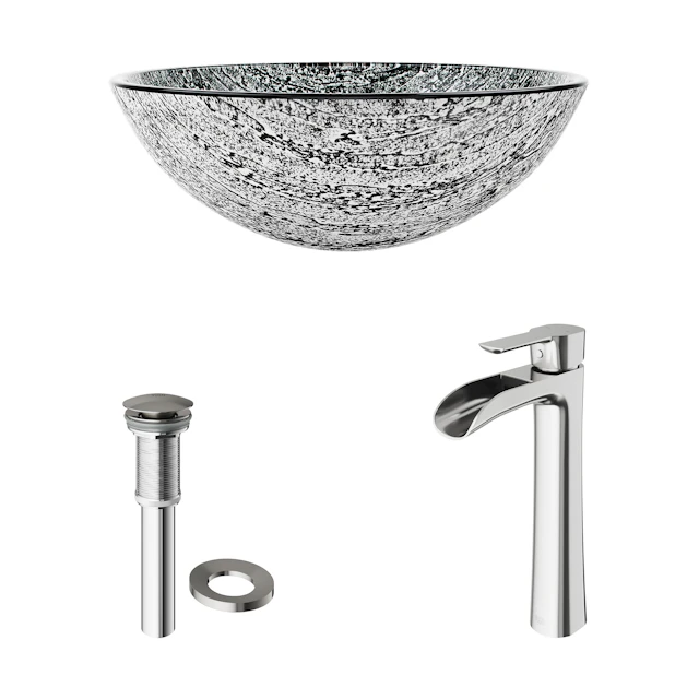 Glass Round Vessel Bathroom Sink in Titanium Gray with Niko Faucet and Pop-Up Drain - angle 3 - other