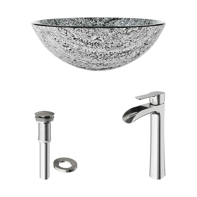 Glass Round Vessel Bathroom Sink in Titanium Gray with Niko Faucet and Pop-Up Drain - image 3 - other