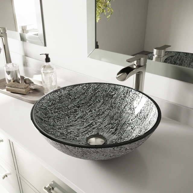 Glass Round Vessel Bathroom Sink in Titanium Gray with Niko Faucet and Pop-Up Drain - angle 4 - other