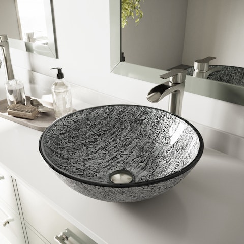 Glass Round Vessel Bathroom Sink in Titanium Gray with Niko Faucet and Pop-Up Drain - image 4 - other