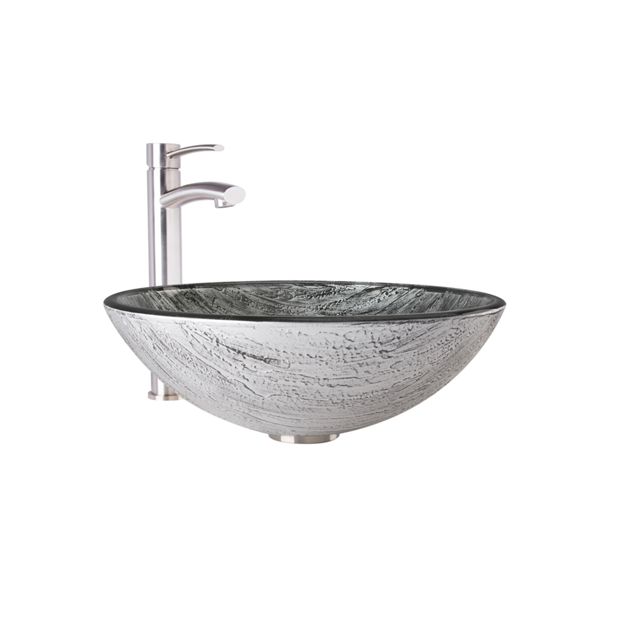 Glass Round Vessel Bathroom Sink in Titanium Gray with Milo Faucet and Pop-Up Drain