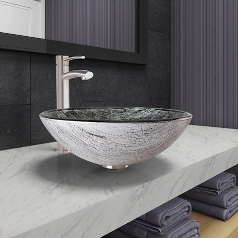 Glass Round Vessel Bathroom Sink in Titanium Gray with Milo Faucet and Pop-Up Drain - image 2 - other