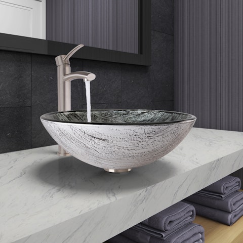Glass Round Vessel Bathroom Sink in Titanium Gray with Milo Faucet and Pop-Up Drain - image 3 - other