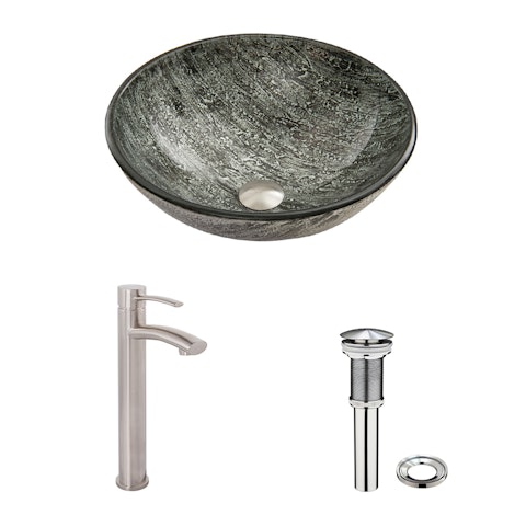 Glass Round Vessel Bathroom Sink in Titanium Gray with Milo Faucet and Pop-Up Drain - image 4 - other