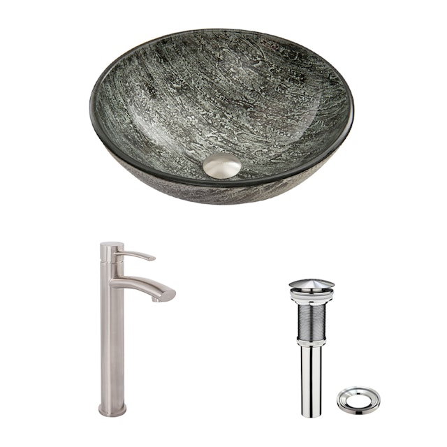 Glass Round Vessel Bathroom Sink in Titanium Gray with Milo Faucet and Pop-Up Drain - image 4 - other
