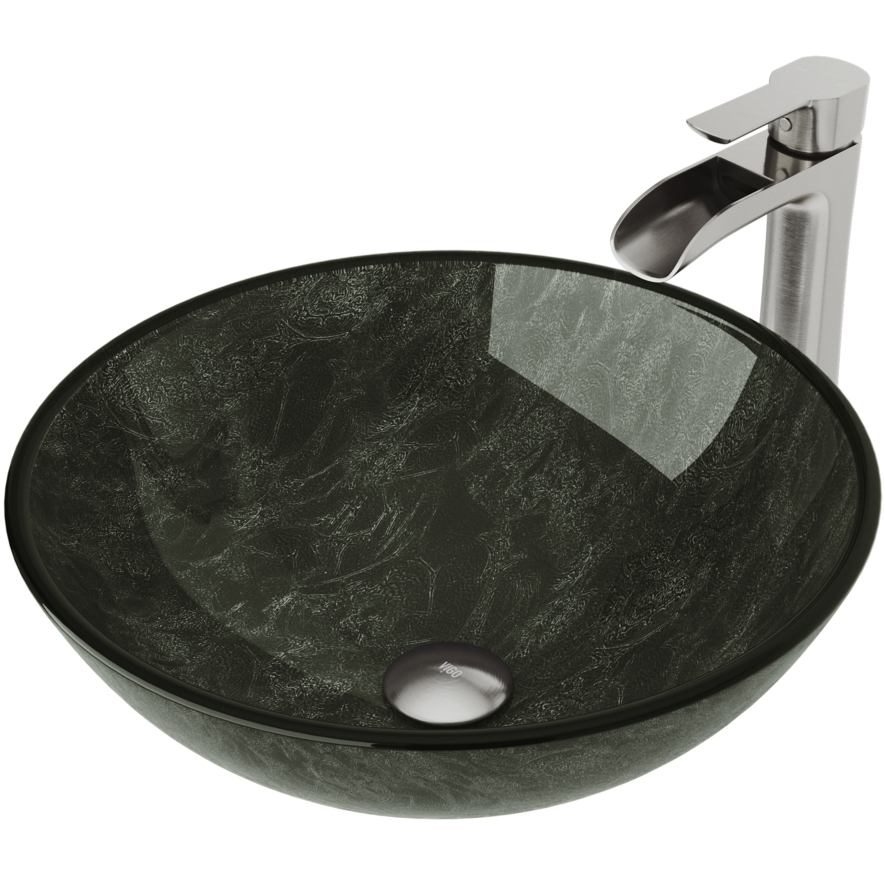 Glass Round Vessel Bathroom Sink in Onyx Gray with Niko Faucet and Pop-Up Drain