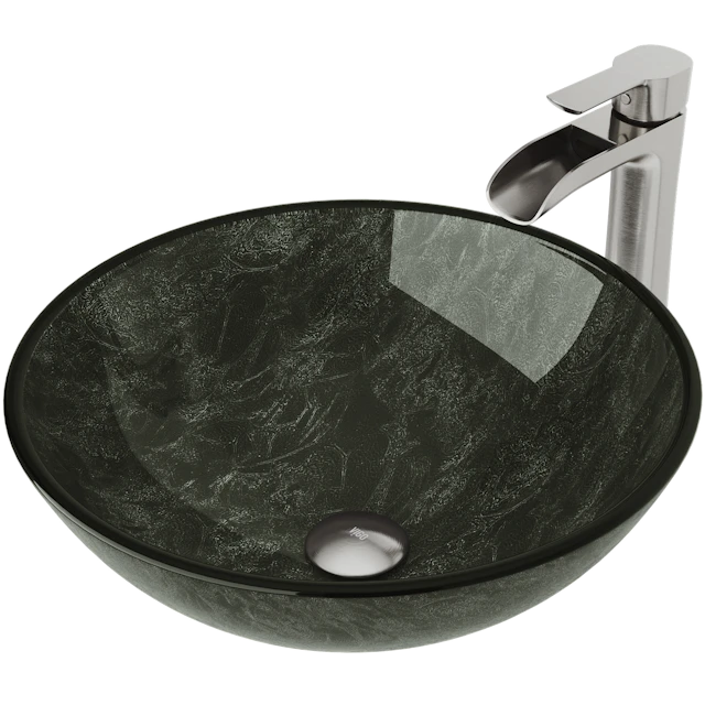 Glass Round Vessel Bathroom Sink in Onyx Gray with Niko Faucet and Pop-Up Drain - angle 1 - other