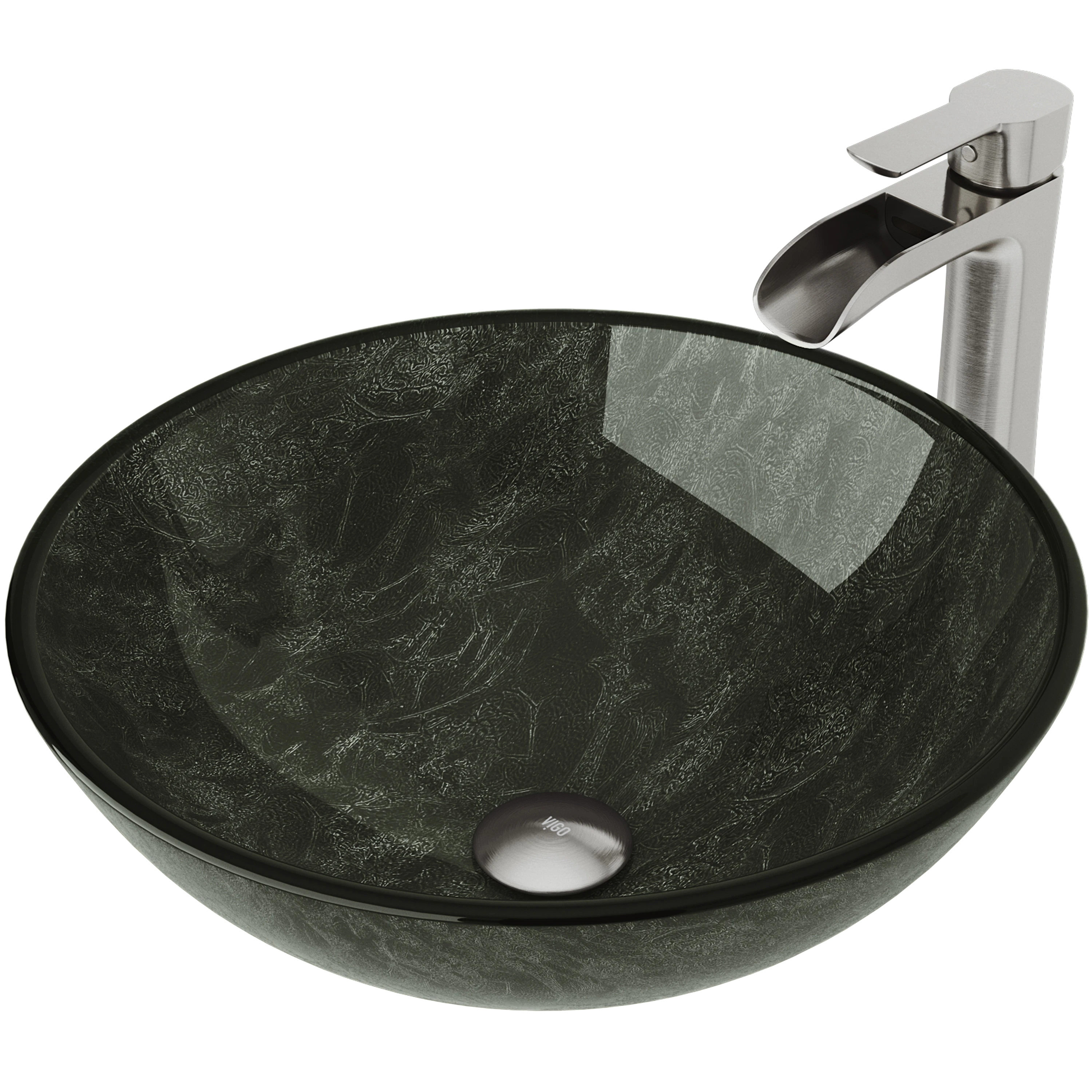 Glass Round Vessel Bathroom Sink in Onyx Gray with Niko Faucet and Pop-Up Drain