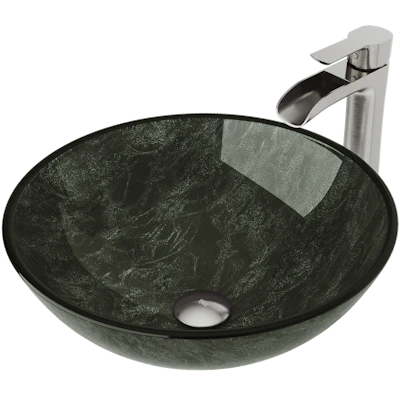 Glass Round Vessel Bathroom Sink in Onyx Gray with Niko Faucet and Pop-Up Drain