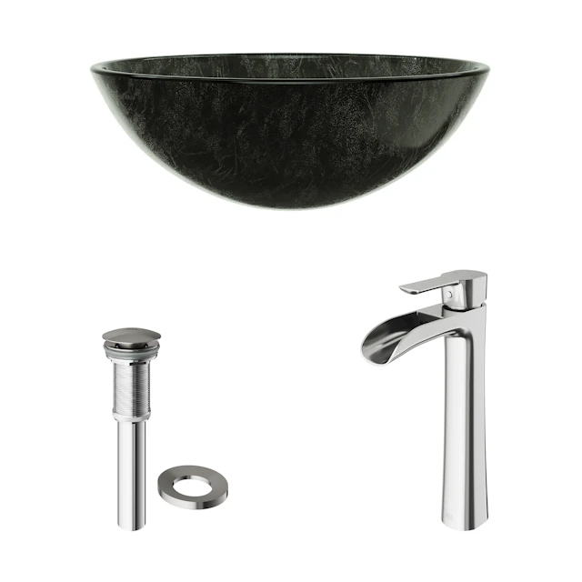 Glass Round Vessel Bathroom Sink in Onyx Gray with Niko Faucet and Pop-Up Drain - angle 3 - other