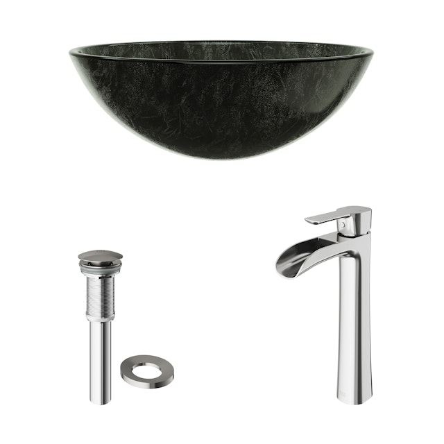 Glass Round Vessel Bathroom Sink in Onyx Gray with Niko Faucet and Pop-Up Drain - image 3 - other
