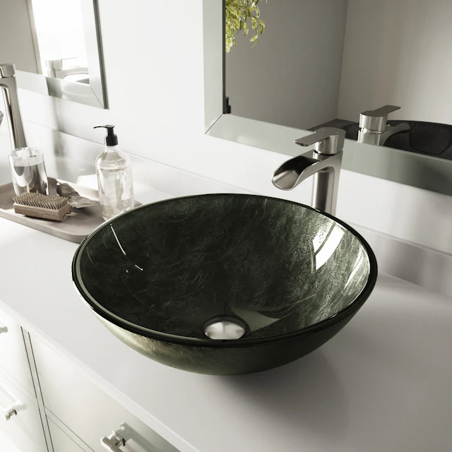 Glass Round Vessel Bathroom Sink in Onyx Gray with Niko Faucet and Pop-Up Drain - angle 4 - other