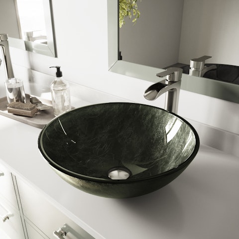 Glass Round Vessel Bathroom Sink in Onyx Gray with Niko Faucet and Pop-Up Drain - image 4 - other
