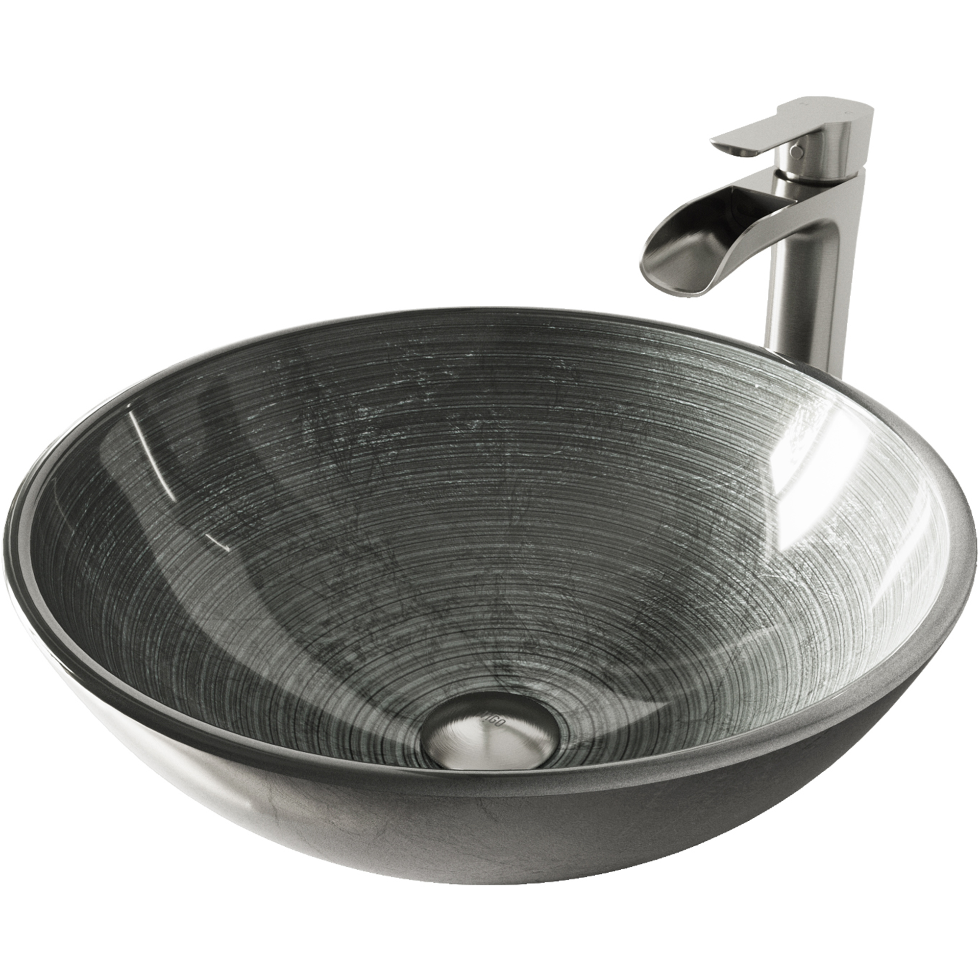 Glass Round Vessel Bathroom Sink in Silver with Niko Faucet and Pop-Up Drain