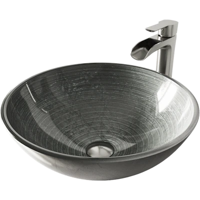 Glass Round Vessel Bathroom Sink in Silver with Niko Faucet and Pop-Up Drain