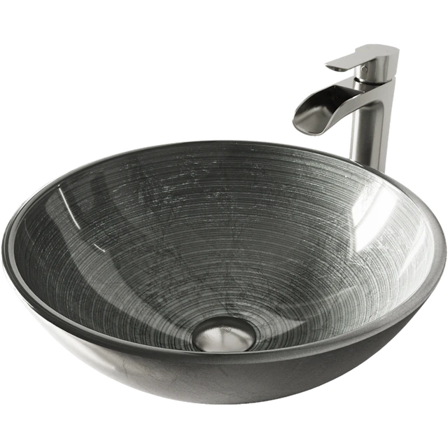 Glass Round Vessel Bathroom Sink in Silver with Niko Faucet and Pop-Up Drain - angle 1 - other