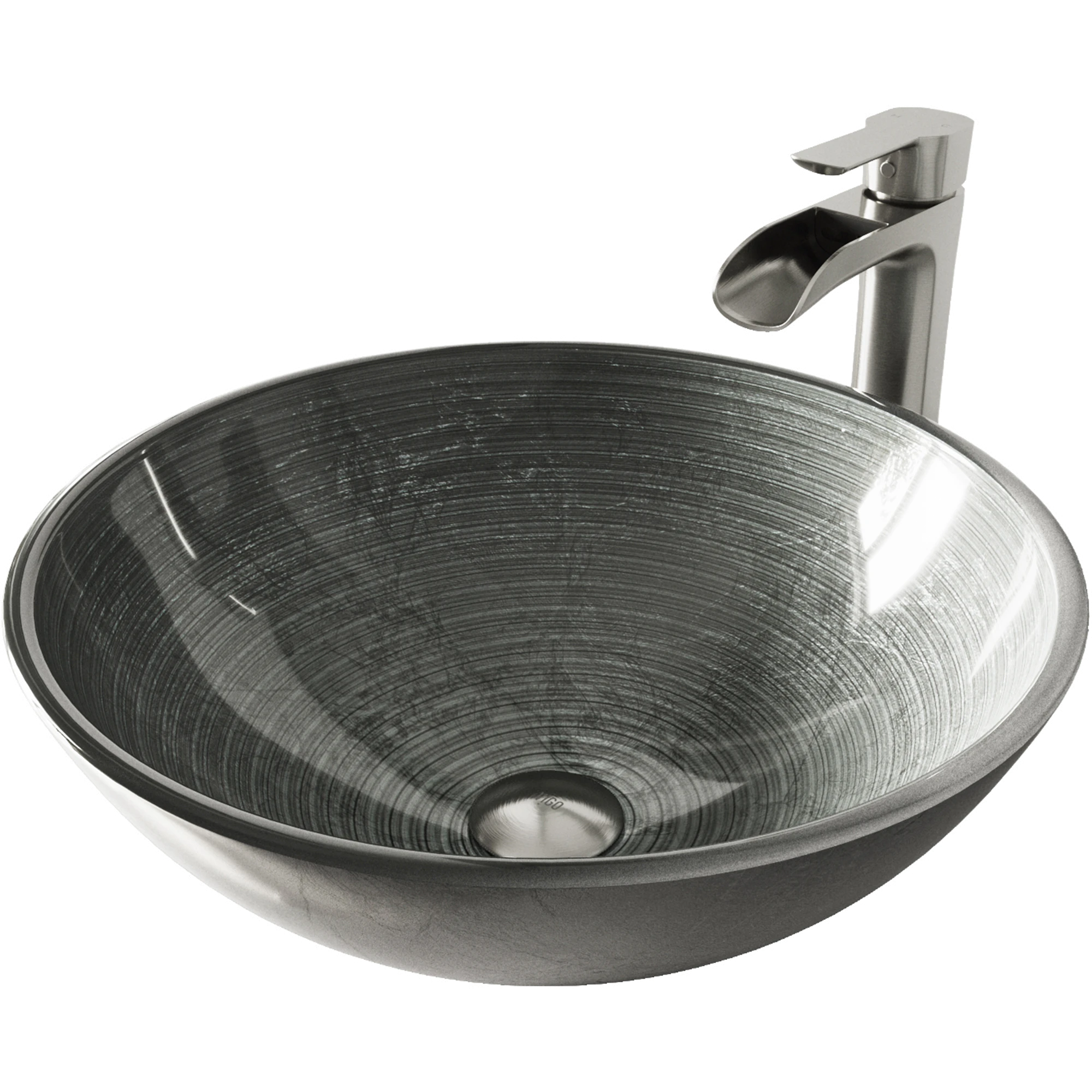 Glass Round Vessel Bathroom Sink in Silver with Niko Faucet and Pop-Up Drain