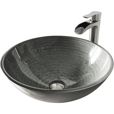 Glass Round Vessel Bathroom Sink in Silver with Niko Faucet and Pop-Up Drain