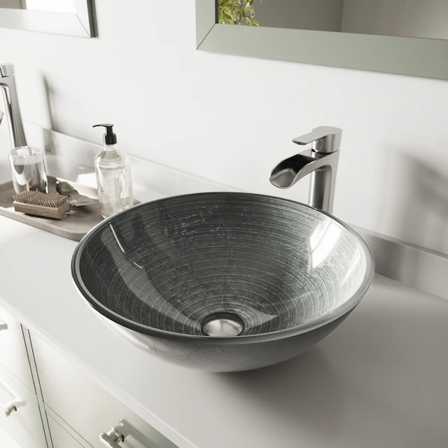 Glass Round Vessel Bathroom Sink in Silver with Niko Faucet and Pop-Up Drain - angle 3 - other