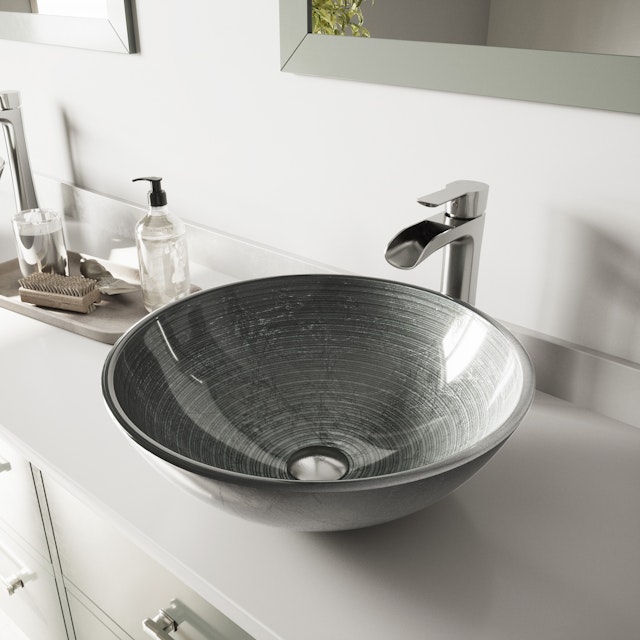 Glass Round Vessel Bathroom Sink in Silver with Niko Faucet and Pop-Up Drain - image 3 - other