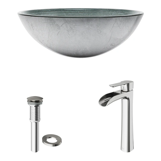 Glass Round Vessel Bathroom Sink in Silver with Niko Faucet and Pop-Up Drain - angle 4 - other