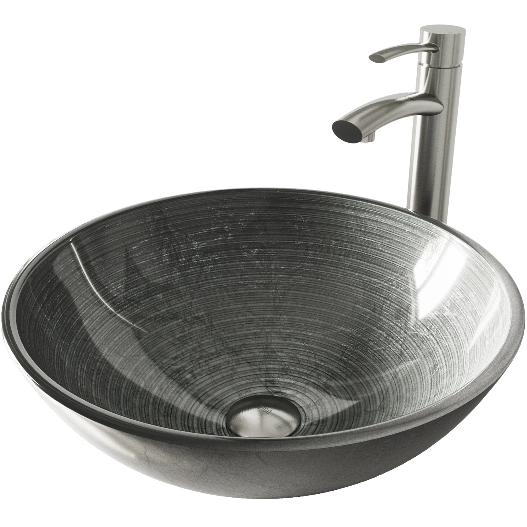 Glass Round Vessel Bathroom Sink in Silver with Milo Faucet and Pop-Up Drain