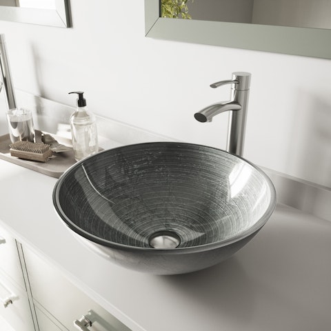 Glass Round Vessel Bathroom Sink in Silver with Milo Faucet and Pop-Up Drain - image 3 - other
