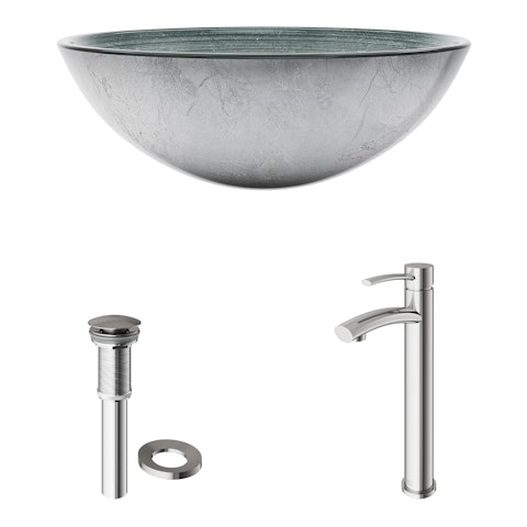 Glass Round Vessel Bathroom Sink in Silver with Milo Faucet and Pop-Up Drain - image 4 - other