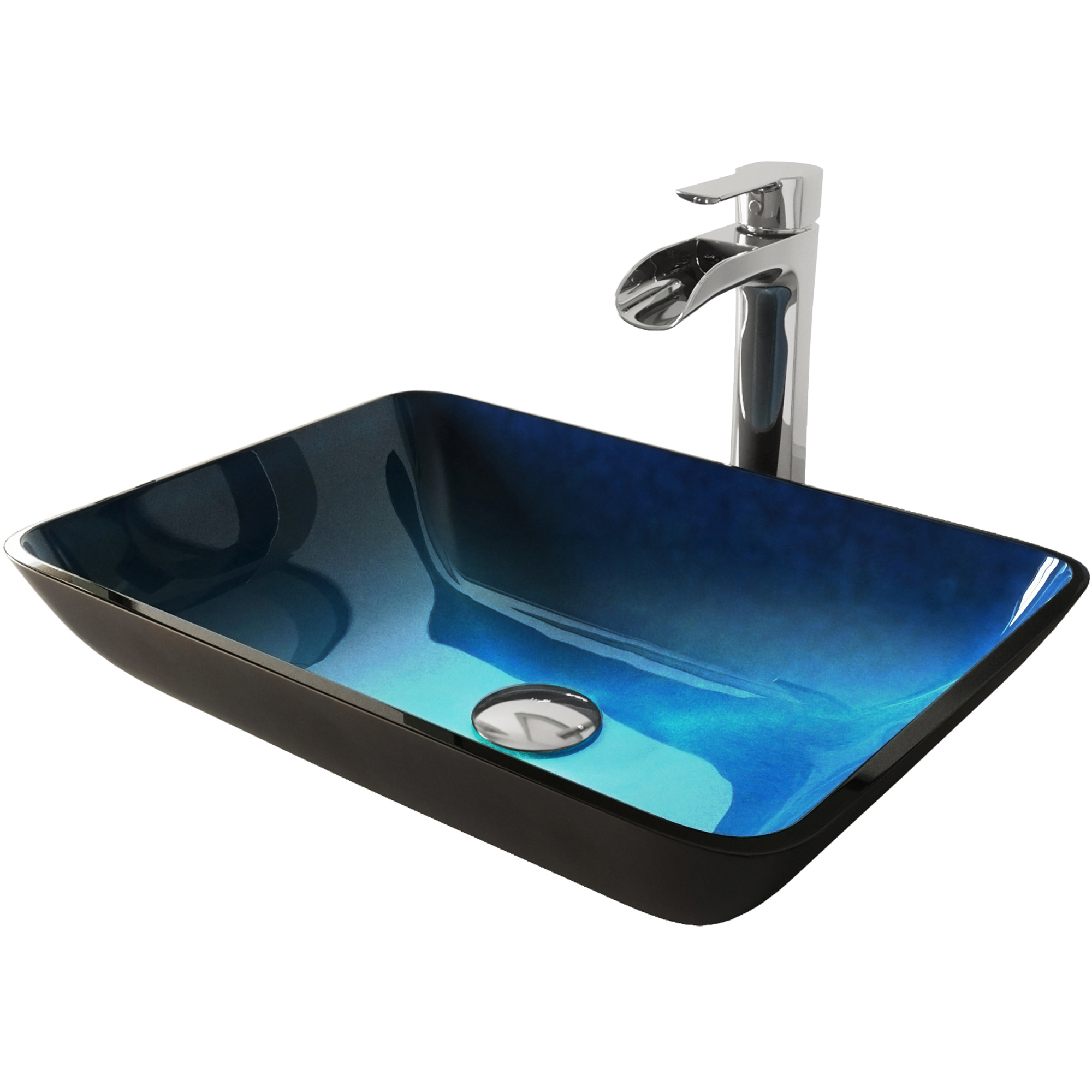 Glass Rectangular Vessel Bathroom Sink in Turquoise Blue with Niko Faucet and Pop-Up Drain