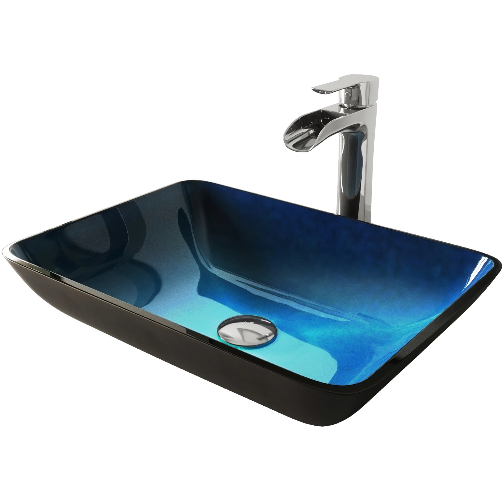 Glass Rectangular Vessel Bathroom Sink in Turquoise Blue with Niko Faucet and Pop-Up Drain