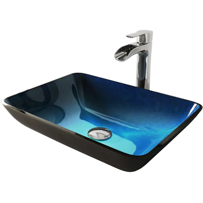 Glass Rectangular Vessel Bathroom Sink in Turquoise Blue with Niko Faucet and Pop-Up Drain
