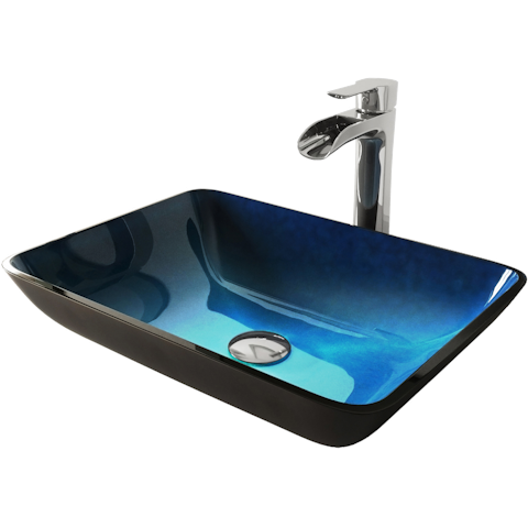 Glass Rectangular Vessel Bathroom Sink in Turquoise Blue with Niko Faucet and Pop-Up Drain - image 1 - other