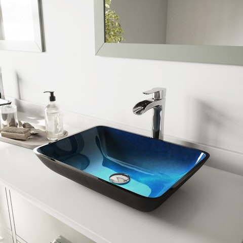 Glass Rectangular Vessel Bathroom Sink in Turquoise Blue with Niko Faucet and Pop-Up Drain - image 3 - other