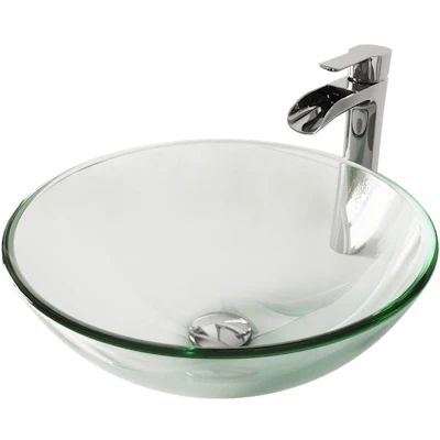 Glass Round Vessel Bathroom Sink in Iridescent with Niko Faucet and Pop-Up Drain