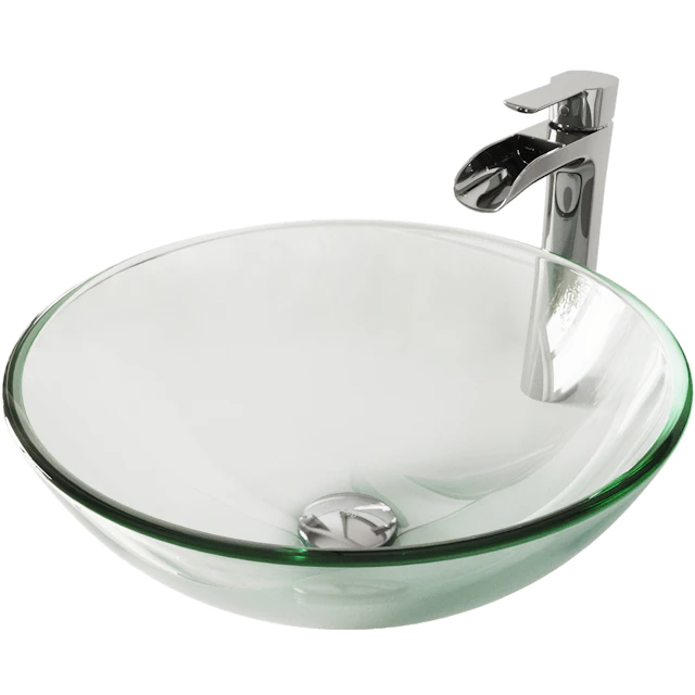 Glass Round Vessel Bathroom Sink in Iridescent with Niko Faucet and Pop-Up Drain - angle 1 - other