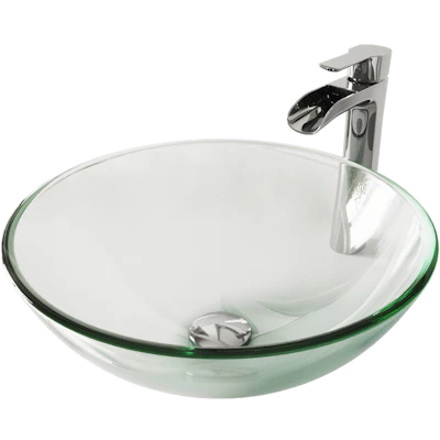 Glass Round Vessel Bathroom Sink in Iridescent with Niko Faucet and Pop-Up Drain